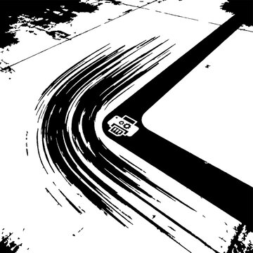 Black and white vector illustration of a printer icon placed on a sharp corner of a road with tire skid marks representing a fast printing concept