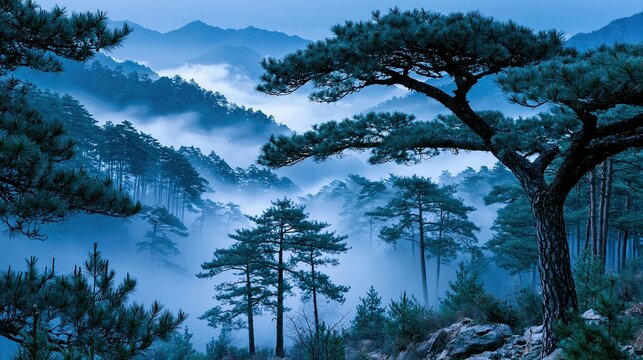 Misty Mountain Forest with Pine Trees and Fog
