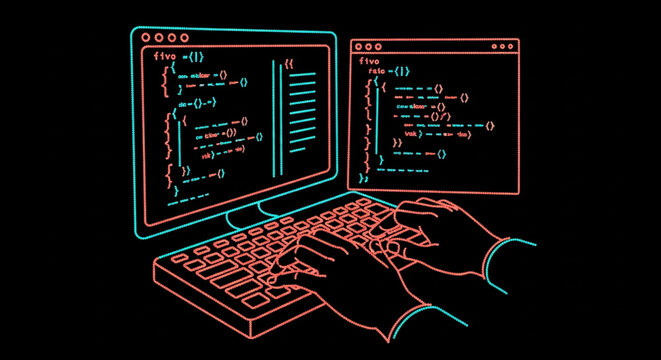 Hands typing on keyboard with code on screens.