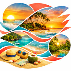 Obraz premium Vibrant photo collage of tropical beach vacation scenes, featuring golden ocean sunsets, majestic palm trees on exotic islands, a turquoise bay with a boat, and essential summer beach accessories.