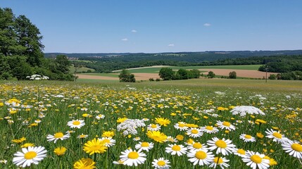 Obraz premium Vibrant wildflower meadow with daisies and yellow flowers under a clear blue sky, rolling hills in background