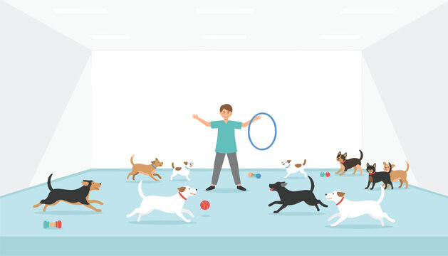 Person holding a hula hoop interacts with multiple dogs in a bright indoor training facility with a light blue floor for pet obedience and agility classes.