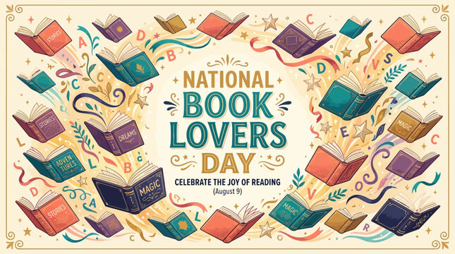 Colorful illustration celebrating national book lovers day with floating books