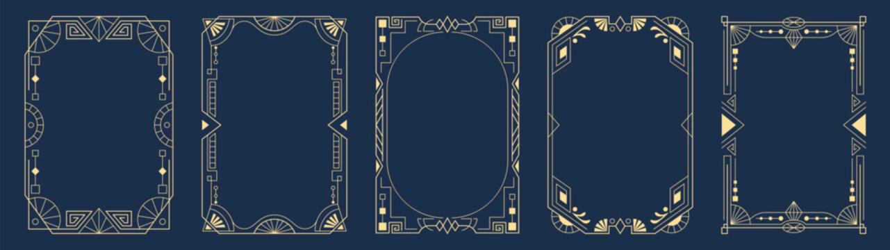 Frame design with gatsby art deco elements and gold ornament on dark background. Elegant vector border with luxury vintage pattern, geometric line and premium decorative detail for wedding invitation
