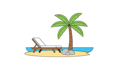 Fototapeta premium Single palm tree standing next to lounge chair and grey rocks on sandy beach near blue water in clean flat vector illustration style.