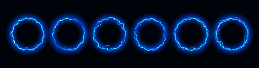 Thunder bolt with glowing circle and electric light effect on black background. Powerful energy ring - blue neon magic around plasma ball. Abstract spark with vivid thunder aura and striking flash. © vectorpouch