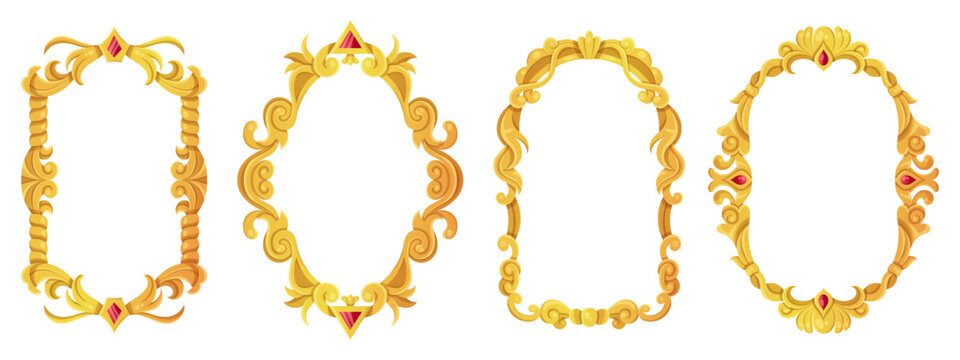 Baroque mirror frame with ornate vintage border and victorian antique ornament. Elegant vector design with floral decoration, diamond flourish and oval rectangle shapes. Classic rococo framed artwork.