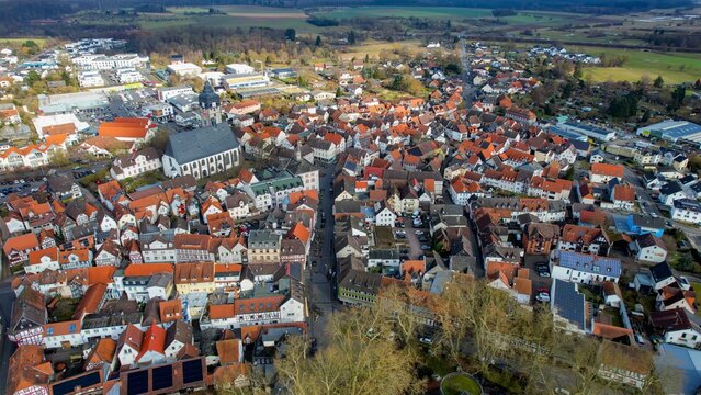  Aerial view beside the old town above the city Lich in Germany, on a sunny noon in autumn.