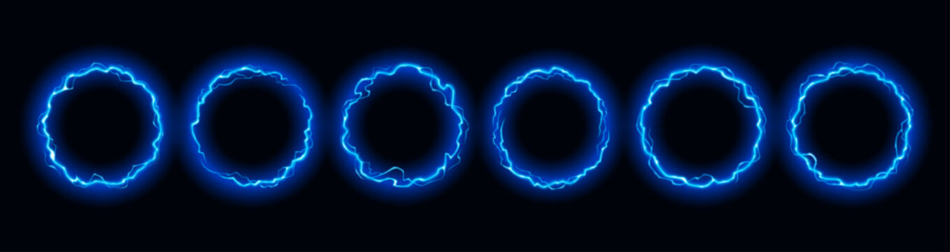 Thunder bolt with glowing circle and electric light effect on black background. Powerful energy ring - blue neon magic around plasma ball. Abstract spark with vivid thunder aura and striking flash.