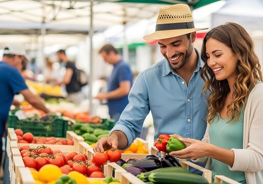 Couple shopping for fresh produce at outdoor farmers market
