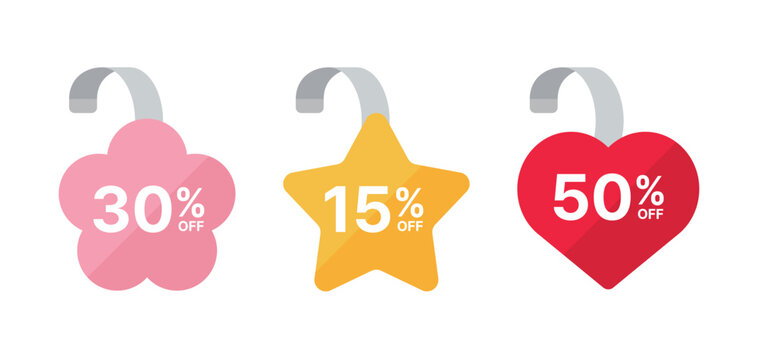 Set of 3 colorful sale wobblers and price tags featuring flower, star, and heart shapes. Minimalist shopping promotion label vectors isolated on a white background for retail discount banners.
