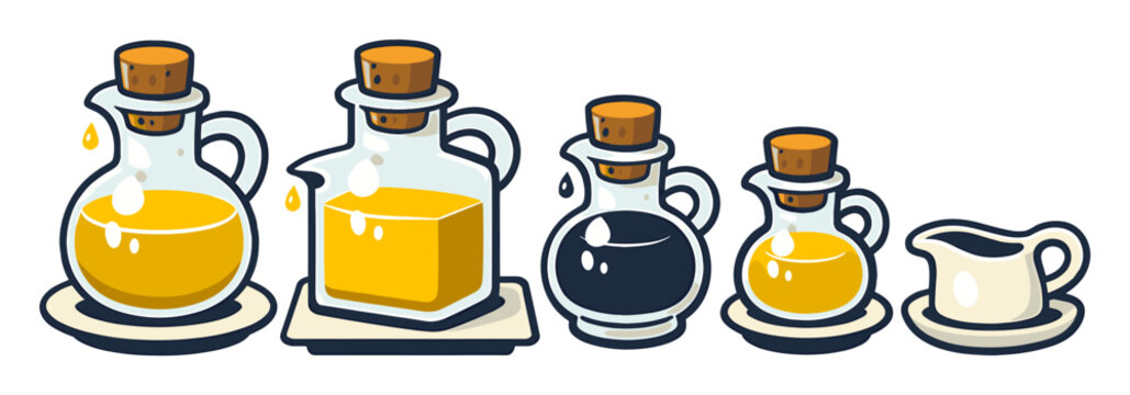 Salad condiment set showcasing cruet bottles filled with olive oil, balsamic vinegar, and a gravy boat on a white background