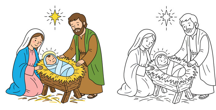 Cute Nativity Scene Illustration Set: Mary, Joseph, and Baby Jesus in a Manger under Bethlehem Star. Includes Colored and Black and White Line Art Version for Kids Coloring Book.