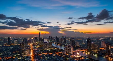 Obraz premium Vibrant cityscape at dusk with illuminated skyscrapers and river