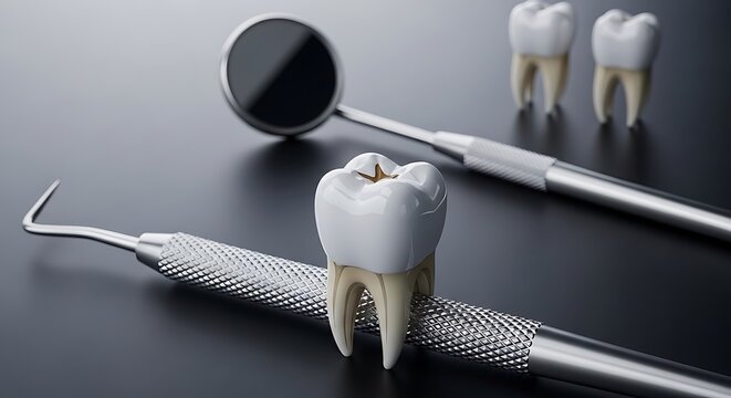 Dental tools and teeth models on a dark surface