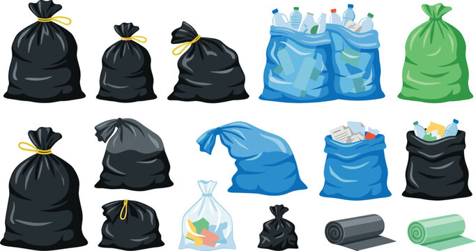Garbage and Trash Bag Vector Illustration Set with Recycling Sacks Plastic Bottles and Waste Rolls for Environmental Designs