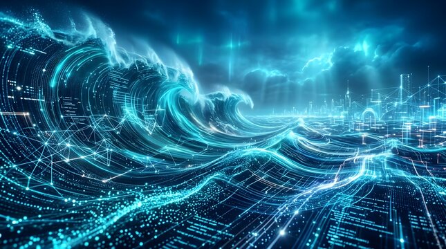 Cyber data wave flowing through a glowing futuristic city with neon blue network lines and digital binary code stream