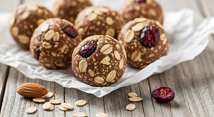 Fototapeta premium Energy bites with oats cranberries and almonds on rustic wood surface