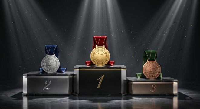 Modern three-tiered podium with gold silver and bronze medals for first second and third place on a dark textured surface with spotlights