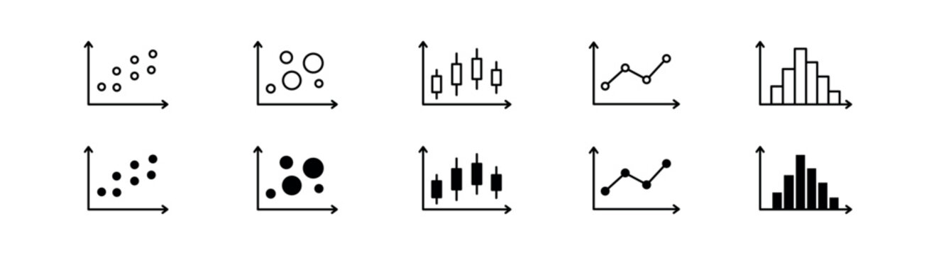 Data Visualization Icon Set. Scatter Plot, Bubble Chart and Candlestick Chart Analytics Icons. Vector Illustration.