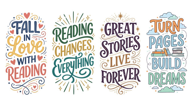 Colorful hand drawn book quotes celebrating the joy and inspiration of reading for all ages