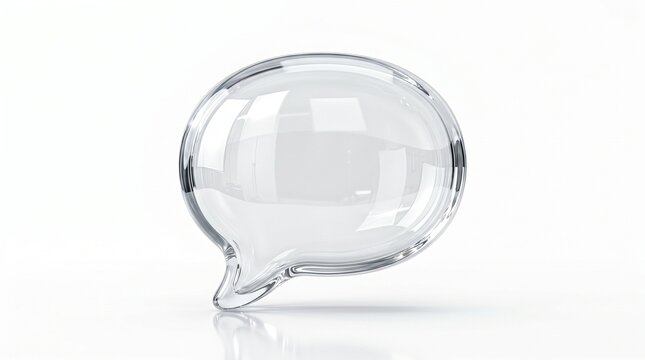 Transparent glass speech bubble with realistic reflections, glossy 3D chat icon for communication, crystal clear message symbol for digital interface isolated on White Background