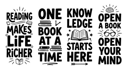 Obraz premium Illustrated motivational quotes about reading and knowledge expansion for educational content