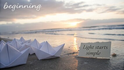Tranquil Beach Scene with Paper Boats and Inspirational Quote at Sunrise Symbolizing New Beginnings and Simple Joys