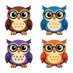 Fototapeta premium Cute cartoon owls in glasses, a colorful character set representing wisdom, education, and intelligence for school concepts