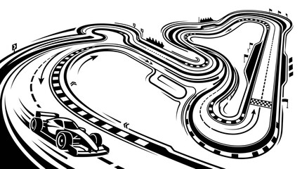 Naklejka premium Formula 1 Race Track with Racing Car, Black and White Line Art