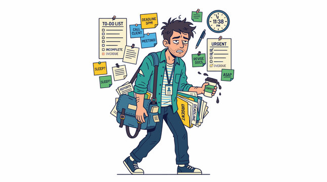 Overwhelmed Exhausted Man Carrying Heavy Workload Coffee and Documents