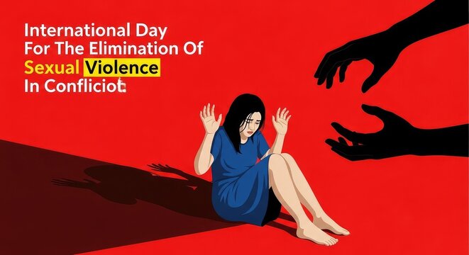 Terrified woman cowering on the red floor under menacing black shadow hands for anti abuse awareness campaign poster