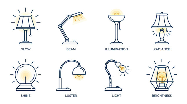 Set of 8 Light Fixture Icons: Lamps, Desk, Floor, Ambient Lighting
