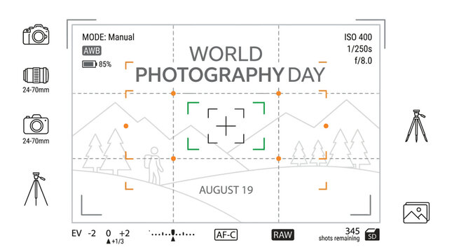 Creative infographic design celebrating world photography day with camera icons mountain landscape