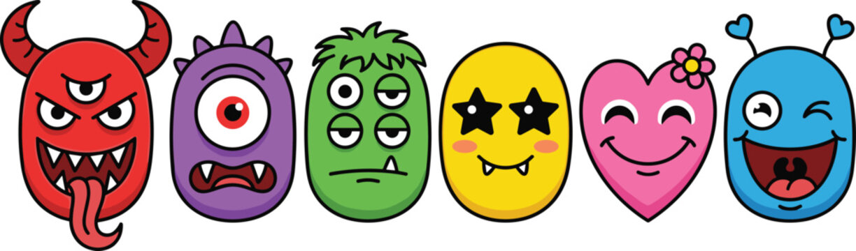 Cute Kawaii Monster and Alien Expression Character Vector Set Featuring Devil Cyclops Star Eyes Heart and Blue Creature Faces for Kids Border Designs
