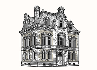 Hand drawn vintage Victorian mansion with ornate architecture and decorative facade, historic building vector illustration © Otpirus