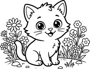 Fototapeta premium Cute cartoon kitten in a garden with flowers