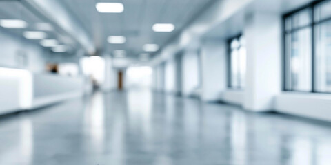 Fototapeta premium Blurred interior view of a modern office hallway with large windows, polished floor, and minimalistic design elements creating a spacious atmosphere