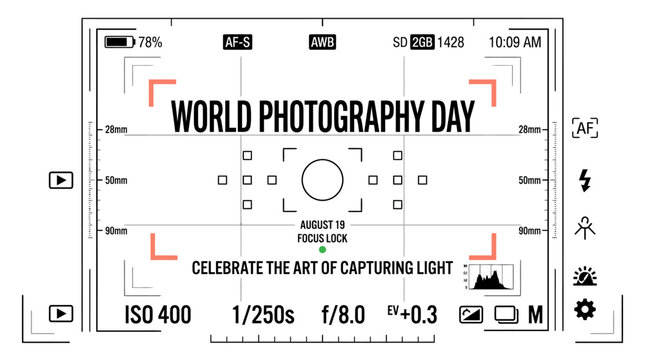 Creative camera display design celebrates world photography day with artistic lens focus