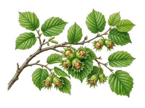Botanical illustration of a hazelnut tree branch with ripe nuts and green leaves