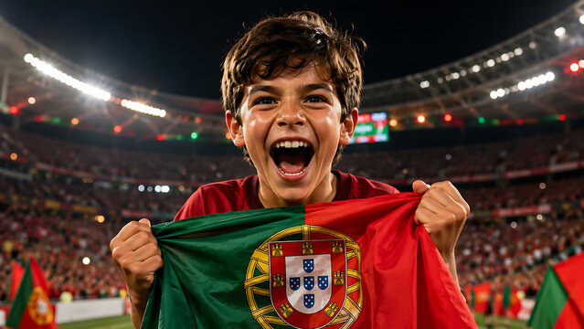 Thrilled Portuguese Boy Screaming with National Flag at Night Match