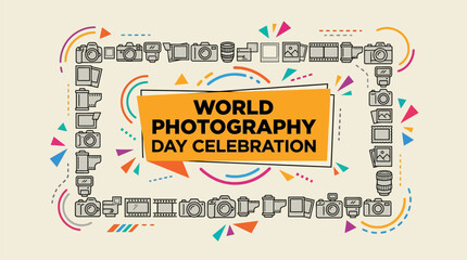 Fototapeta premium Creative celebration infographic highlights global photography day with vibrant camera icons