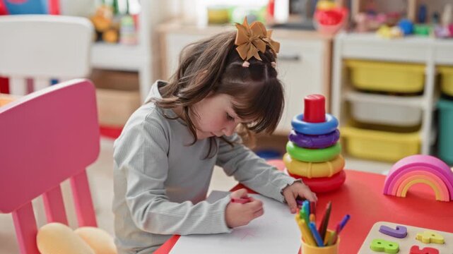 Girl drawing with pink crayon on paper, hand holding crayon at red table with stacking rings in playroom; creative concentration.