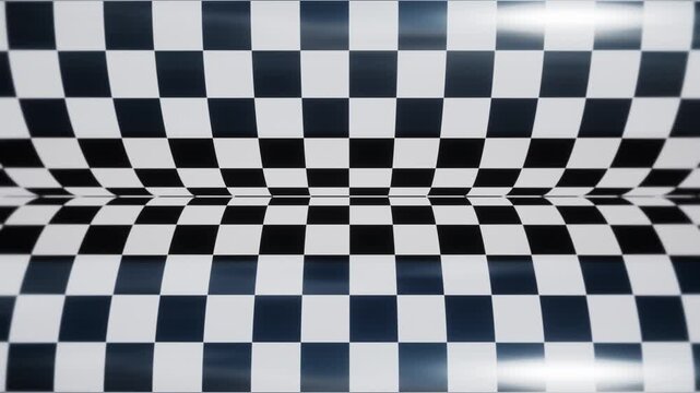 Black and white checkerboard pattern on two rotating rolls as a seamless loop animation, abstract 3D glossy grid background for broadcast, music video and creative content 16:9
