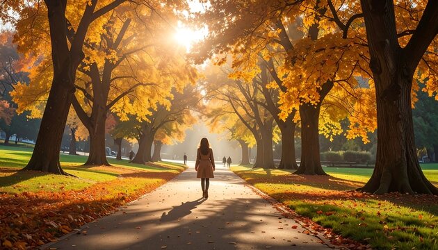 A woman walks alone on a serene park path surrounded by vibrant yellow trees and fallen leaves