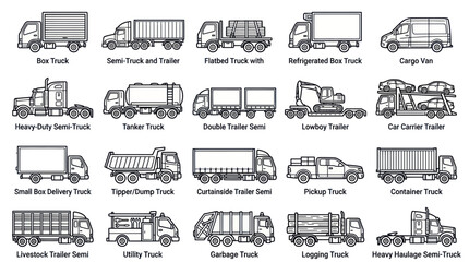 Collection of Commercial Trucks and Trailers - Vector Line Art © nia