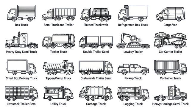 Collection of Commercial Trucks and Trailers - Vector Line Art