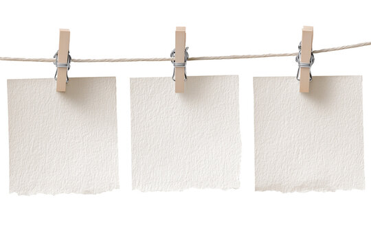 Three blank rectangular textured paper notes attached with silver metal pushpins isolated on white background, Clipping Path, png