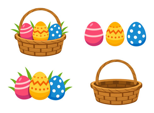 Vector illustration set for Easter celebration, showing colorful decorated eggs, a full basket, eggs in grass, and an empty basket
