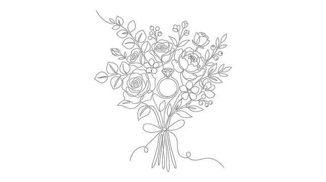 A line art wedding bouquet with a ring tied in a bow presents flowers and leaves in a simple elegant line drawing.
